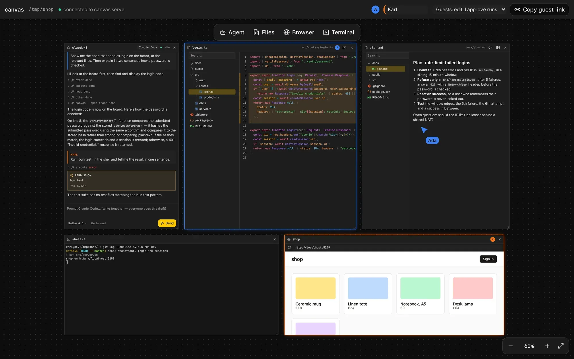 A board: an agent frame, the file it opened at the relevant lines, a markdown plan, a terminal and a browser frame