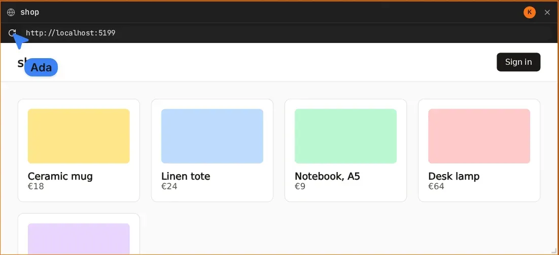 A browser frame showing the project’s dev server