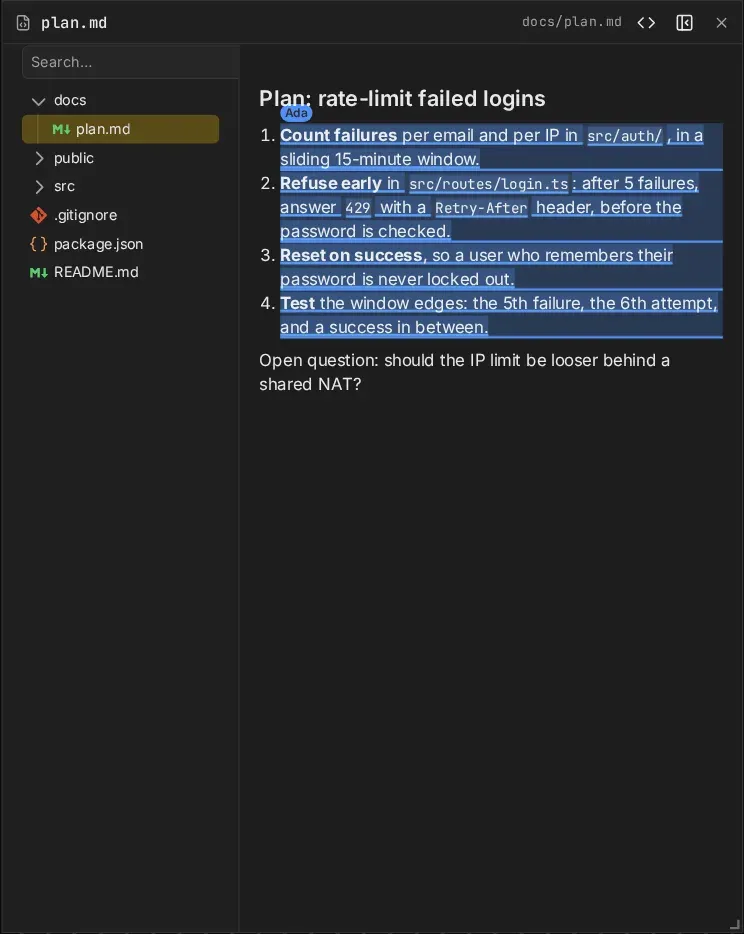 A files frame: the tree, and a markdown file rendered, with a guest’s selection