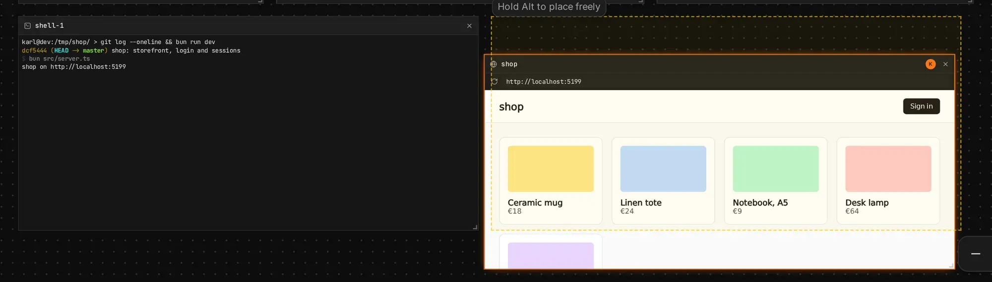 Dragging a frame near another: the dashed outline shows where it snaps